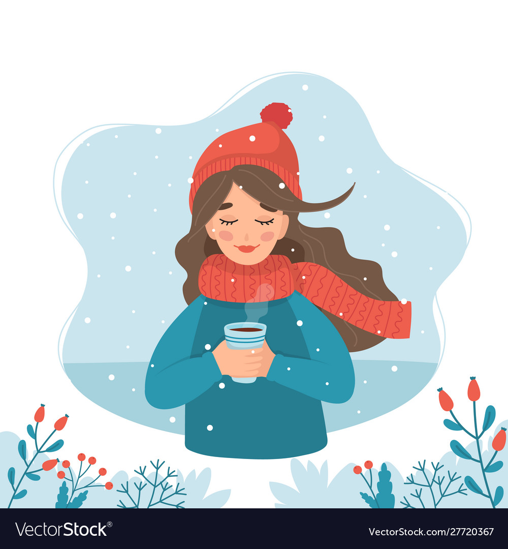 Cute girl in winter holding a cup with winter background and snow